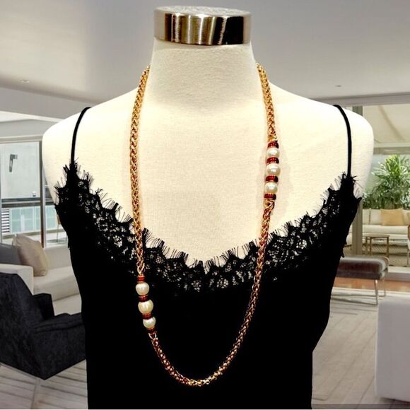 CHRISTIAN DIOR VINTAGE PEARL & ENAMEL GOLD CHAIN NECKLACE - Picture 3 of 8
